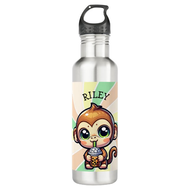 Cute Kawaii Monkey with Bubble Tea Personalized 710 Ml Water Bottle (Front)