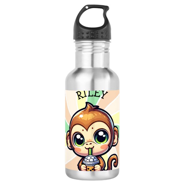 Cute Kawaii Monkey with Bubble Tea Personalized 710 Ml Water Bottle (Front)