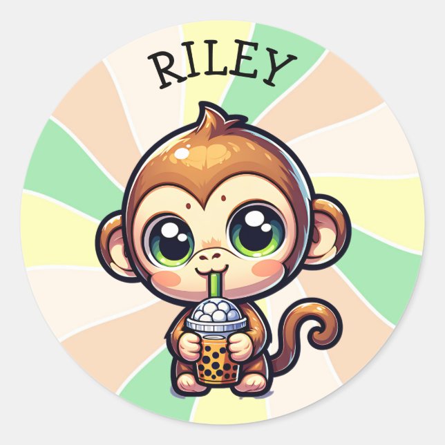 Cute Kawaii Monkey with Bubble Tea Personalized Classic Round Sticker (Front)