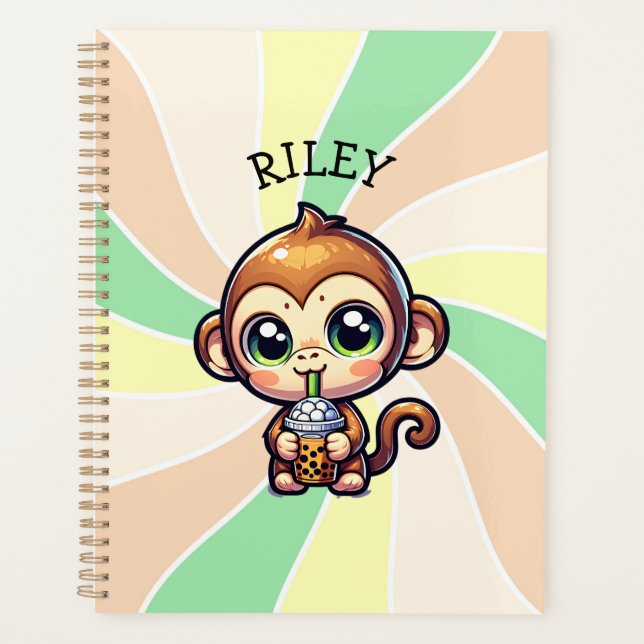 Cute Kawaii Monkey with Bubble Tea Personalized Planner (Front)