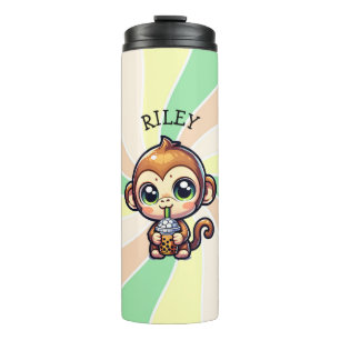 Cute Kawaii Monkey with Bubble Tea Personalized Thermal Tumbler