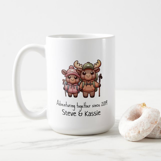 Cute Kawaii Moose Couple Adventuring Together  Coffee Mug (With Donut)