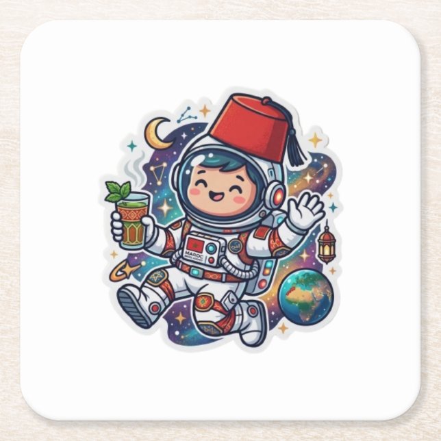 Cute Kawaii Moroccan Astronaut Mint Tea FezSticker Square Paper Coaster (Front)