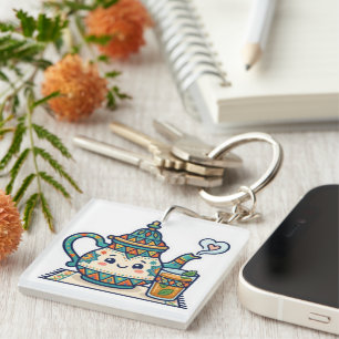Cute Kawaii Moroccan Mint Teapot and Glass Art Car Keychain