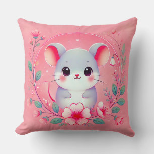 Cute Kawaii Mouse Surrounded by Floral Ornaments Throw Pillow