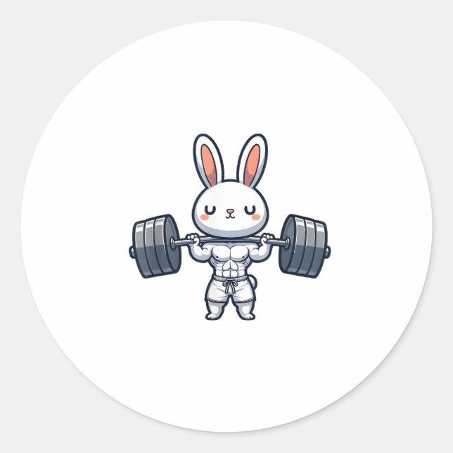 Cute Kawaii Muscular Rabbit Weightlifting Funny  Classic Round Sticker (Front)