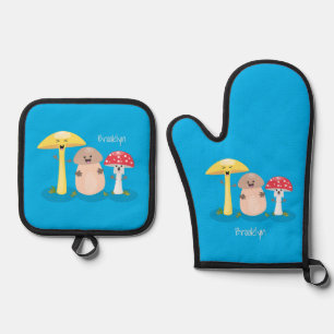 Cute kawaii mushroom fungi toadstool oven mitt & pot holder set