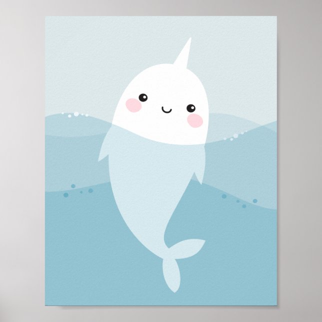 Cute kawaii narwhal swimming in soft blue waves poster (Front)