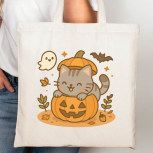 Cute Kawaii Naughty Cat Halloween Pumpkin Tote Bag