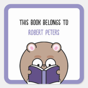 Cute Kawaii Nerdy Hamster Boy Booklover Bookplate Square Sticker
