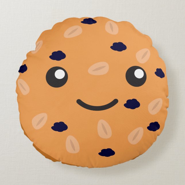 Cute Kawaii Oatmeal Raisin Cookie Round Pillow (Front)