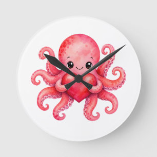 Cute Kawaii Octopus Holding Heart Round Clock