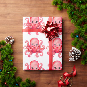 Cute Kawaii Octopus Holding Heart Wrapping Paper