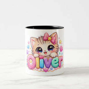 Cute Kawaii Oliver Cat Name Pastel Pink Sparkling Two-Tone Coffee Mug