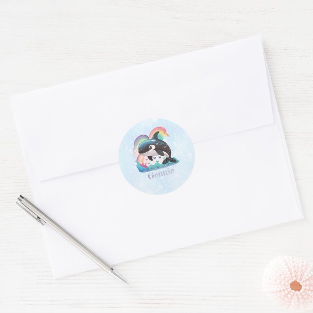 Cute Kawaii Orca Killer Whale Rainbows Butterflies Classic Round Sticker (Envelope)