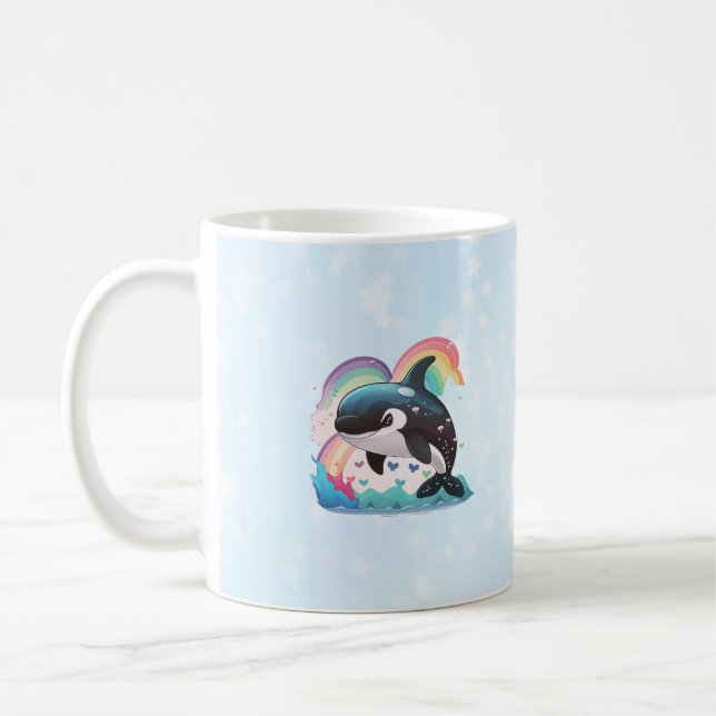 Cute Kawaii Orca Killer Whale Rainbows Butterflies Coffee Mug (Left)