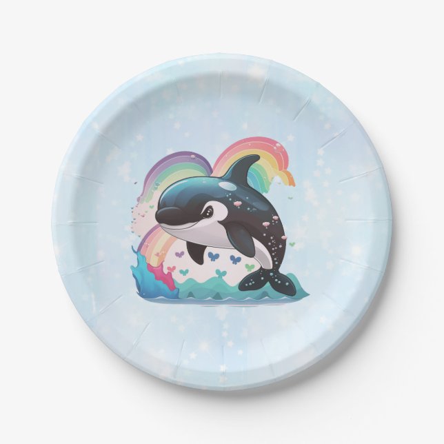 Cute Kawaii Orca Killer Whale Rainbows Butterflies Paper Plate (Front)