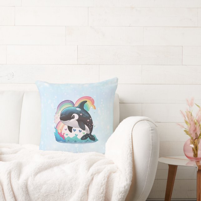 Cute Kawaii Orca Killer Whale Rainbows Butterflies Throw Pillow (Couch)
