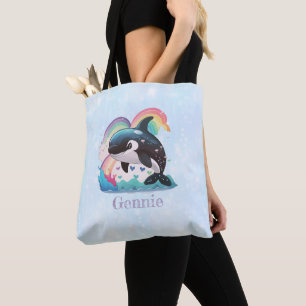 Cute Kawaii Orca Killer Whale Rainbows Butterflies Tote Bag