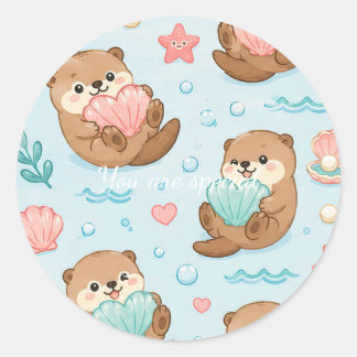 Cute Kawaii Otter Heart Seashell Pattern Classic Round Sticker
