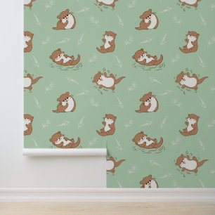 Cute Kawaii Otter Seamless Pattern on Sage Green Wallpaper