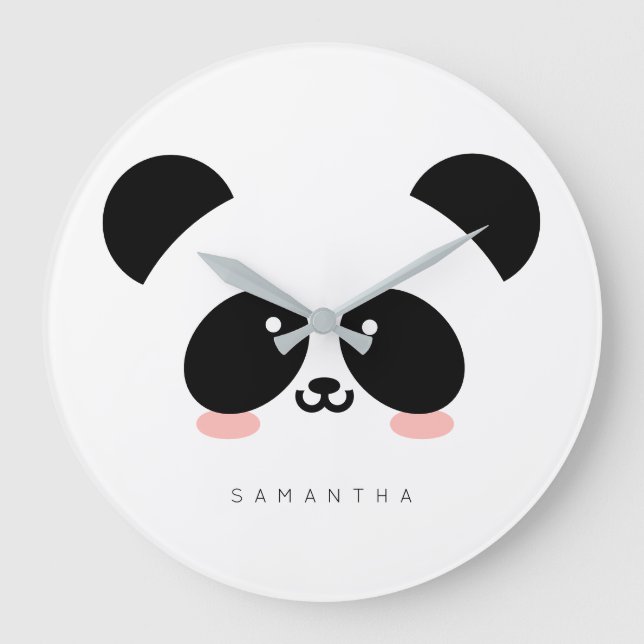 Cute Kawaii Panda | Add Your Name Large Clock (Front)