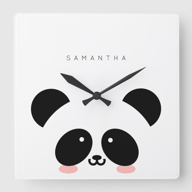 Cute Kawaii Panda | Add Your Name Square Wall Clock (Front)