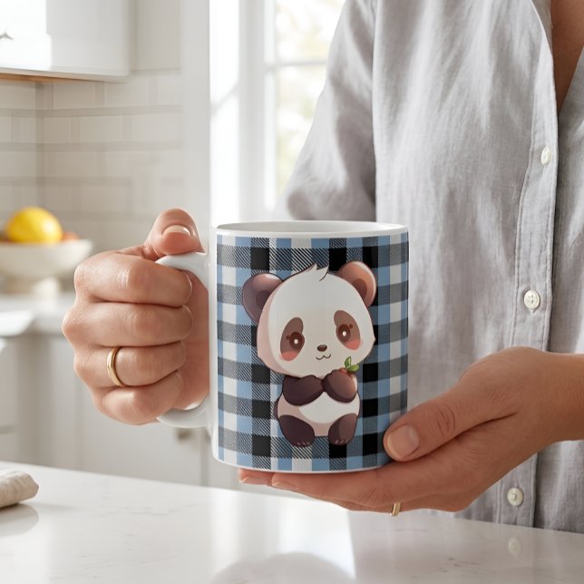 Cute Kawaii Panda Bear Blue Buffalo Plaid Coffee Mug (Creator Uploaded)