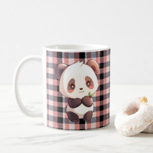 Cute Kawaii Panda Bear Pink Buffalo Plaid Coffee Mug