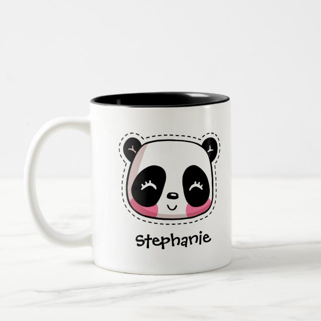 Cute Kawaii Panda Bear with Personalized Name Two-Tone Coffee Mug (Left)