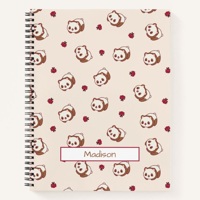 Cute Kawaii Panda Beige Pattern Personalized Notebook (Front)