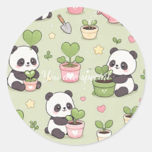 Cute Kawaii Panda Heart Plant Pattern Classic Round Sticker
