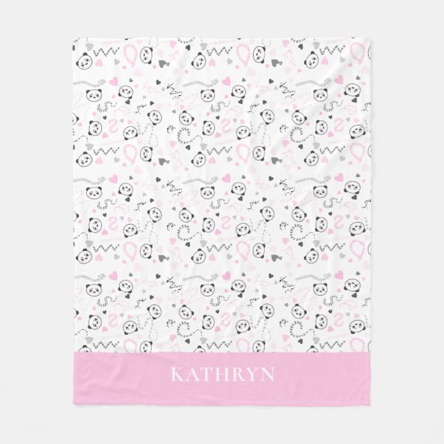 cute kawaii panda pink grey hearts Baby Girl Fleece Blanket (Front)