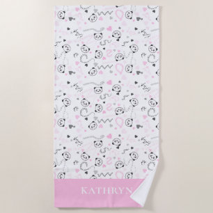 Cute Kawaii Panda Pink Grey Hearts Personalized Beach Towel