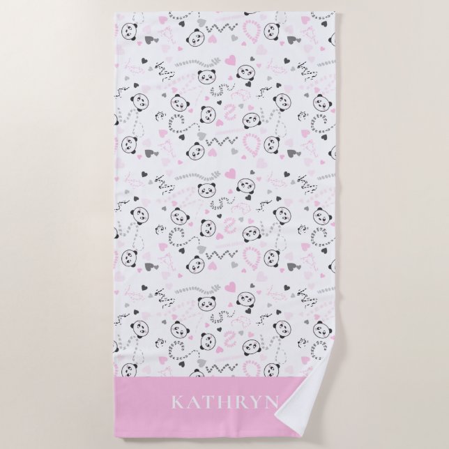 Cute Kawaii Panda Pink Grey Hearts Personalized Beach Towel (Front)