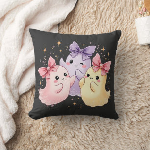 Cute Kawaii Pastel Ghosts with Sparkly Bows Throw Pillow