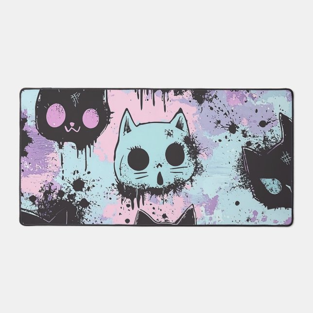Cute Kawaii Pastel Goth Patchwork Creepy Cat Desk Mat (Front)