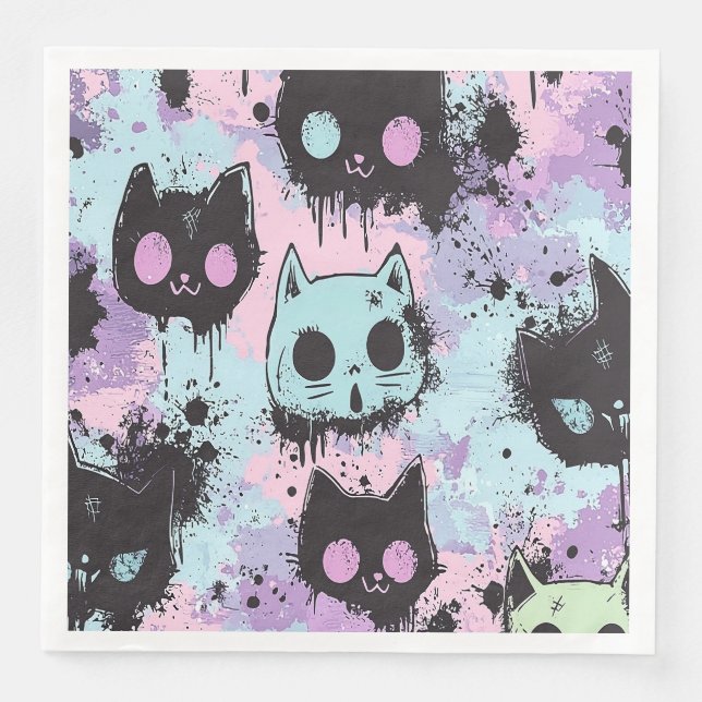 Cute Kawaii Pastel Goth Patchwork Creepy Cat Napkin (Front)