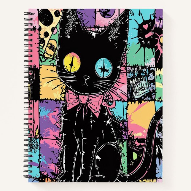 Cute Kawaii Pastel Goth Patchwork Creepy Cat Notebook (Front)