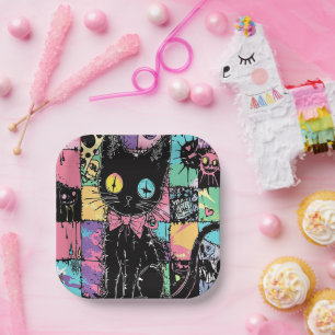 Cute Kawaii Pastel Goth Patchwork Creepy Cat Paper Plate