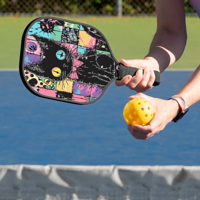 Cute Kawaii Pastel Goth Patchwork Creepy Cat Pickleball Paddle (Insitu)