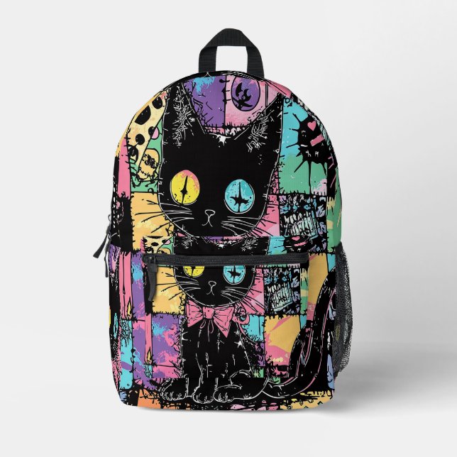 Cute Kawaii Pastel Goth Patchwork Creepy Cat Printed Backpack (Front)