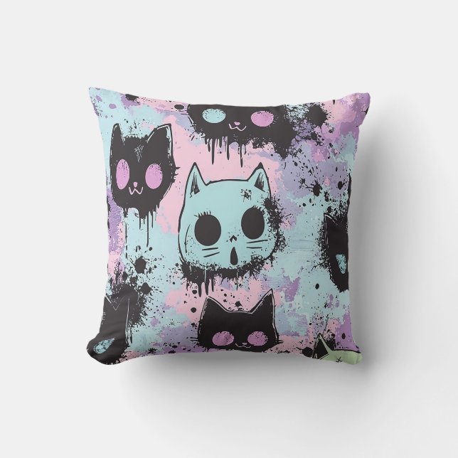 Cute Kawaii Pastel Goth Patchwork Creepy Cat Throw Pillow (Front)