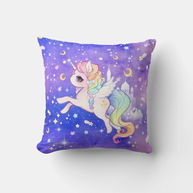 Cute kawaii pastel unicorn with moons and stars throw pillow (Front)