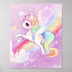 Cute kawaii pastel unicorn with rainbow and castle poster