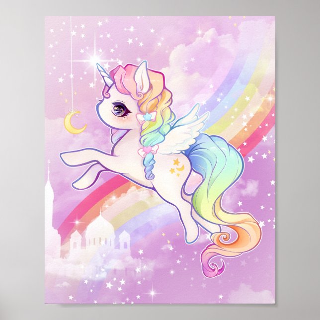 Cute kawaii pastel unicorn with rainbow and castle poster (Front)