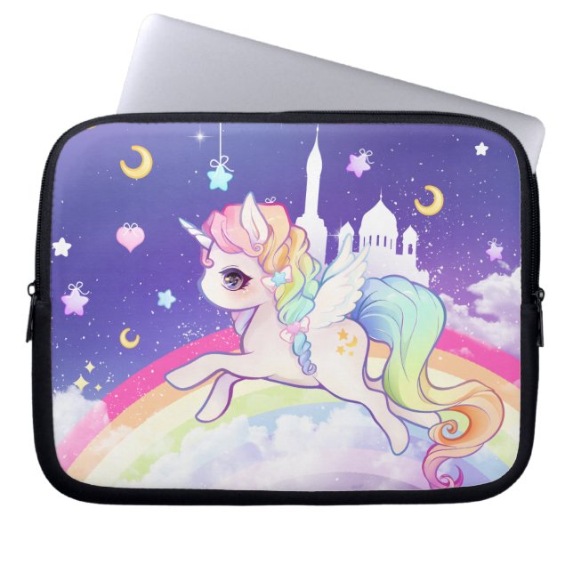 Cute kawaii pastel unicorn with rainbow galaxy laptop sleeve (Front)