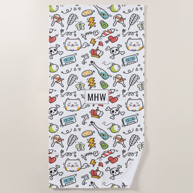 Cute Kawaii Pattern custom monogram beach towel (Front)