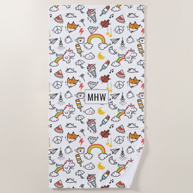 Cute Kawaii Pattern custom monogram beach towel (Front)