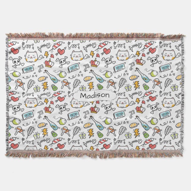 Cute Kawaii Pattern custom name throw blanket (Front)
